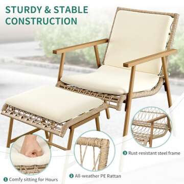 YITAHOME 3 Pieces Conversation Bistro Set with Ottoman, All-Weather Patio Bistro Set with Footrest, Small Patio Conversation Set for Balcony Outside, Outdoor Chairs with Ottomans and Coffee Table