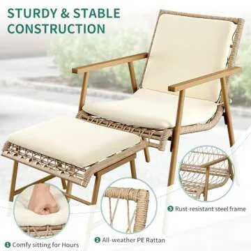 YITAHOME 3 Pieces Conversation Bistro Set with Ottoman, All-Weather Patio Bistro Set with Footrest, Small Patio Conversation Set for Balcony Outside, Outdoor Chairs with Ottomans and Coffee Table