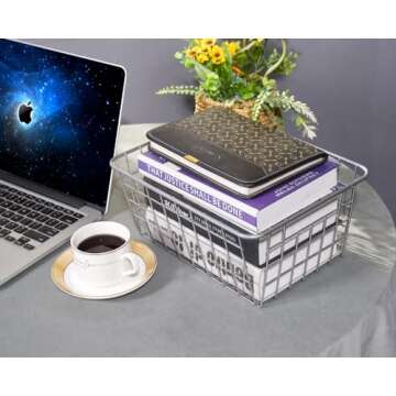 JUNCHU CHERRY Wire Storage Basket 4 Packs,Perfect Kitchen Pantry Organization Storage Basket,Laundry Basket,Countertop Organization,Use to Kitchen,Bathroom,Bedroom,Living Room,Office,Black