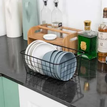 JUNCHU CHERRY Wire Storage Basket 4 Packs,Perfect Kitchen Pantry Organization Storage Basket,Laundry Basket,Countertop Organization,Use to Kitchen,Bathroom,Bedroom,Living Room,Office,Black