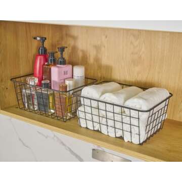 JUNCHU CHERRY Wire Storage Basket 4 Packs,Perfect Kitchen Pantry Organization Storage Basket,Laundry Basket,Countertop Organization,Use to Kitchen,Bathroom,Bedroom,Living Room,Office,Black