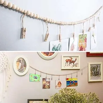QXUJI Wall Hanging Photo Display with Wooden Beads Garland, Collage Picture Frame for Boho Wall Decoration, Photo Holders with 9 Wood Clips, for Rustic Country Decor, Home, Nursery Room, Dorm Decor
