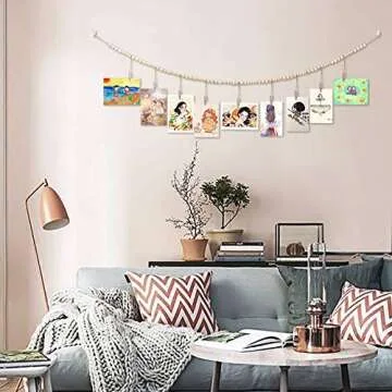 QXUJI Wall Hanging Photo Display with Wooden Beads Garland, Collage Picture Frame for Boho Wall Decoration, Photo Holders with 9 Wood Clips, for Rustic Country Decor, Home, Nursery Room, Dorm Decor