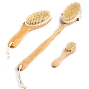 Touch Me 3 Set Body Brush Set - Long Wooden Dry Bath Body Back Brush, Contour Handle Natural Bristle Brush and Facial Brush