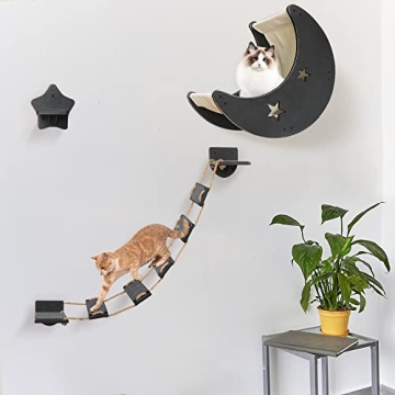 Cat Hammock Cat Wall Shelves, Mordern Cat Wall Furniture Cat Moon Bed with 1 Climbing Bridge and 1 Stair Step, Cat Furniture Set with Cat Bed Cat Walker Bridge Shelf, Gift for Cat (Black)