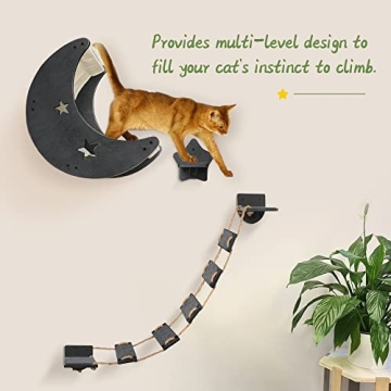 Cat Hammock Cat Wall Shelves, Mordern Cat Wall Furniture Cat Moon Bed with 1 Climbing Bridge and 1 Stair Step, Cat Furniture Set with Cat Bed Cat Walker Bridge Shelf, Gift for Cat (Black)