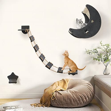 Cat Hammock Cat Wall Shelves, Mordern Cat Wall Furniture Cat Moon Bed with 1 Climbing Bridge and 1 Stair Step, Cat Furniture Set with Cat Bed Cat Walker Bridge Shelf, Gift for Cat (Black)