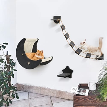 Cat Hammock Cat Wall Shelves, Mordern Cat Wall Furniture Cat Moon Bed with 1 Climbing Bridge and 1 Stair Step, Cat Furniture Set with Cat Bed Cat Walker Bridge Shelf, Gift for Cat (Black)