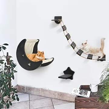 Cat Hammock Cat Wall Shelves, Mordern Cat Wall Furniture Cat Moon Bed with 1 Climbing Bridge and 1 Stair Step, Cat Furniture Set with Cat Bed Cat Walker Bridge Shelf, Gift for Cat (Black)