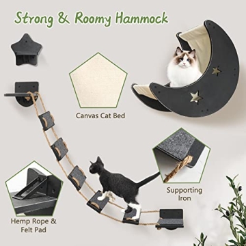 Cat Hammock Cat Wall Shelves, Mordern Cat Wall Furniture Cat Moon Bed with 1 Climbing Bridge and 1 Stair Step, Cat Furniture Set with Cat Bed Cat Walker Bridge Shelf, Gift for Cat (Black)