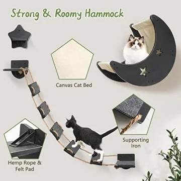 Cat Hammock Cat Wall Shelves, Mordern Cat Wall Furniture Cat Moon Bed with 1 Climbing Bridge and 1 Stair Step, Cat Furniture Set with Cat Bed Cat Walker Bridge Shelf, Gift for Cat (Black)