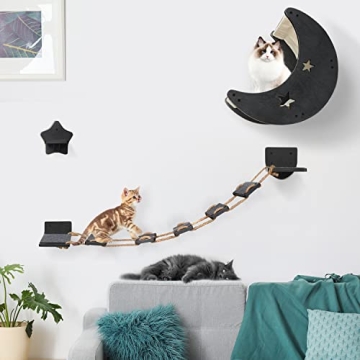 Cat Hammock Cat Wall Shelves, Mordern Cat Wall Furniture Cat Moon Bed with 1 Climbing Bridge and 1 Stair Step, Cat Furniture Set with Cat Bed Cat Walker Bridge Shelf, Gift for Cat (Black)