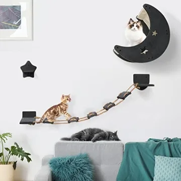 Cat Hammock Cat Wall Shelves, Mordern Cat Wall Furniture Cat Moon Bed with 1 Climbing Bridge and 1 Stair Step, Cat Furniture Set with Cat Bed Cat Walker Bridge Shelf, Gift for Cat (Black)