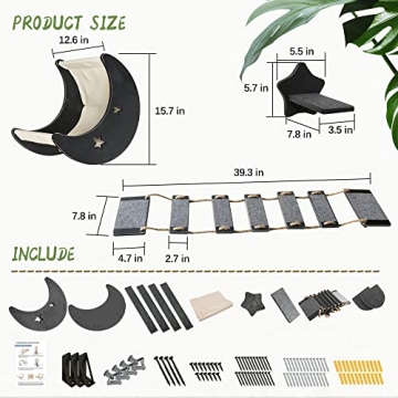 Cat Hammock Cat Wall Shelves, Mordern Cat Wall Furniture Cat Moon Bed with 1 Climbing Bridge and 1 Stair Step, Cat Furniture Set with Cat Bed Cat Walker Bridge Shelf, Gift for Cat (Black)