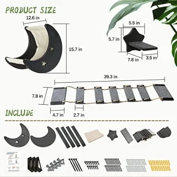 Cat Hammock Cat Wall Shelves, Mordern Cat Wall Furniture Cat Moon Bed with 1 Climbing Bridge and 1 Stair Step, Cat Furniture Set with Cat Bed Cat Walker Bridge Shelf, Gift for Cat (Black)