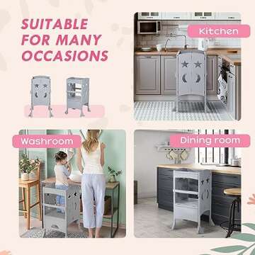 Qaba Wooden Kitchen Step Stool for Kids, Foldable Toddler Tower, Helper Stool for Kitchen Counter with Support Handles Safety Rail, Gray