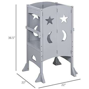 Qaba Wooden Kitchen Step Stool for Kids, Foldable Toddler Tower, Helper Stool for Kitchen Counter with Support Handles Safety Rail, Gray