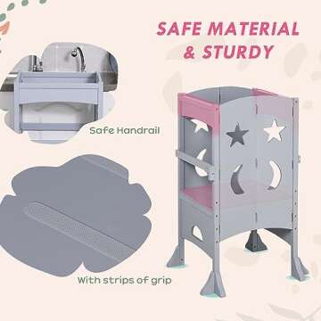 Qaba Wooden Kitchen Step Stool for Kids, Foldable Toddler Tower, Helper Stool for Kitchen Counter with Support Handles Safety Rail, Gray