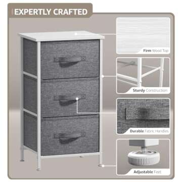 Sorbus Nightstand with 3 Drawers - Bedside Furniture & Night Stand End Table Dresser with Steel Frame, Wood Top, Easy Pull Fabric Bins for Home, Bedroom Accessories, Office & Dorm