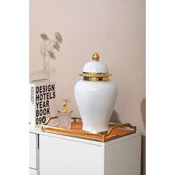 GaLouRo White Ginger Jar with Gold Trim, Ginger Jar Vase Decor for Centerpiece Table Decorations,Liv...