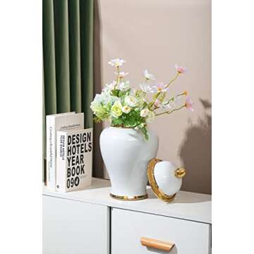 GaLouRo White Ginger Jar with Gold Trim, Ginger Jar Vase Decor for Centerpiece Table Decorations,Living Room Decor, Shelf Decor,15inches