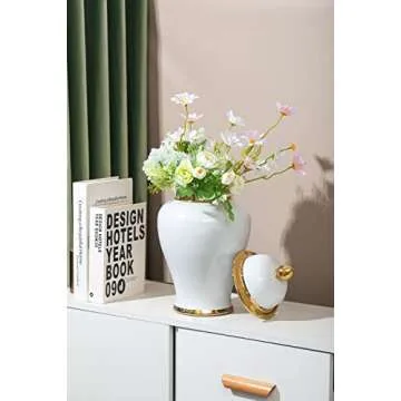 GaLouRo White Ginger Jar with Gold Trim, Ginger Jar Vase Decor for Centerpiece Table Decorations,Living Room Decor, Shelf Decor,15inches