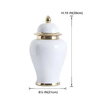 GaLouRo White Ginger Jar with Gold Trim, Ginger Jar Vase Decor for Centerpiece Table Decorations,Living Room Decor, Shelf Decor,15inches