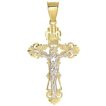 Jewelry America Solid 14K Two-Tone Gold Roman Catholic Cross Charm with Jesus INRI Crucifix Pendant ...