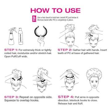 PuffCuff Micro 1.5" Hair Clamps, For All Natural, Thick, Curly, Kinky, Textured, Locs or Braided Hair | Painless, Damage-Free Styling Tool, Black, 5 Pieces