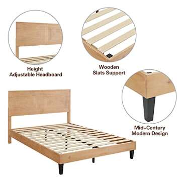 MUSEHOMEINC Full Size Bed Frame with Adjustable Height Headboard,Mid Century Modern Wood Platform Bed,Mattress Foundation with Wooden Slat Support,No Box Spring Needed,Easy Assembly(Full)