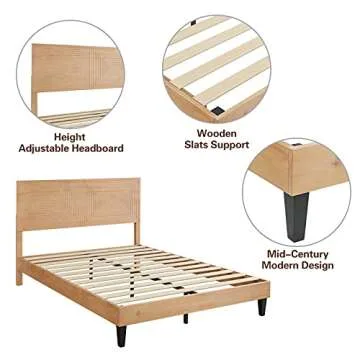 MUSEHOMEINC Full Size Bed Frame with Adjustable Height Headboard,Mid Century Modern Wood Platform Bed,Mattress Foundation with Wooden Slat Support,No Box Spring Needed,Easy Assembly(Full)