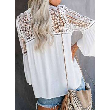Canikat Women's Cute Fall Lace Crochet V Neck Flowy Bell Long Sleeve Blouses Solid Casual Loose Button Down T Shirts Tops White S