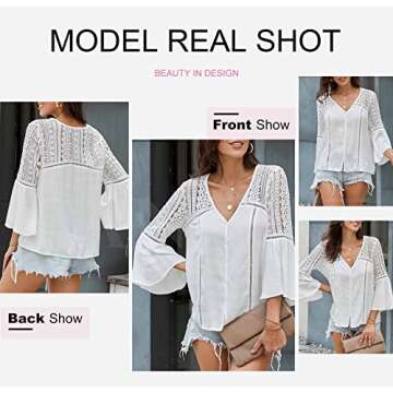 Canikat Women's Cute Fall Lace Crochet V Neck Flowy Bell Long Sleeve Blouses Solid Casual Loose Button Down T Shirts Tops White S