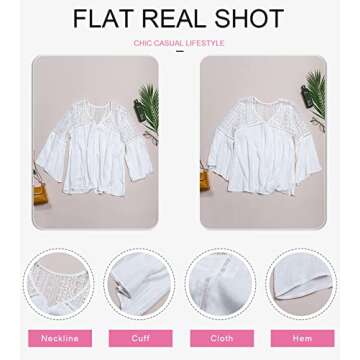 Canikat Women's Cute Fall Lace Crochet V Neck Flowy Bell Long Sleeve Blouses Solid Casual Loose Button Down T Shirts Tops White S