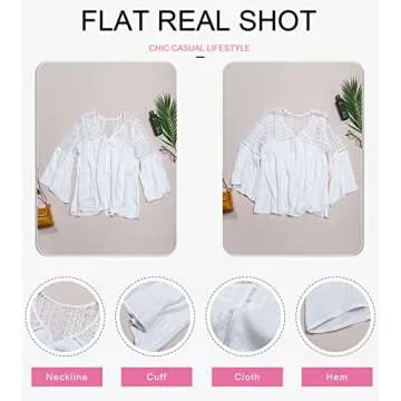 Canikat Women's Cute Fall Lace Crochet V Neck Flowy Bell Long Sleeve Blouses Solid Casual Loose Button Down T Shirts Tops White S