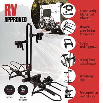 Hollywood RV Rider Hitch Bike Rack for 2 E-Bikes up to 80 lbs Each - Premium Electric Bike Rack for RV, Fifth Wheel, Flat Towed Vehicle - Durable for Standard and Fat Tire Bikes