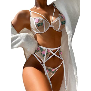 Kaei&Shi Bridal Lingerie for Women,Bachelorette Party Sexy Lingerie Garter Set,Floral Embroidered Sh...