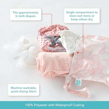 Bumkins Waterproof Wet Bag for Baby, Travel, Swim Suit, Cloth Diapers, Pump Parts, Pool, Gym Clothes, Toiletry, Strap to Stroller, Daycare, Zipper Reusable Bag, Wetdry Packing Pouch, Lace Pink