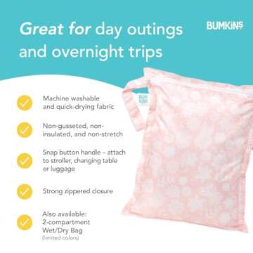 Bumkins Waterproof Wet Bag for Baby, Travel, Swim Suit, Cloth Diapers, Pump Parts, Pool, Gym Clothes, Toiletry, Strap to Stroller, Daycare, Zipper Reusable Bag, Wetdry Packing Pouch, Lace Pink