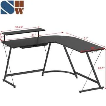 SHW Vista L-Shape Desk with Monitor Stand, Black