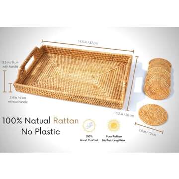 Rattan Tray with Rattan aers - Premium Flat Rectangular Serving Tray with Handles, Wicker Basket Tray 14.5x10.2x2.4 Hand Woven Derative Bed Tray for ffee Table, Breakfa Tray ​by LYS, Honey Brown