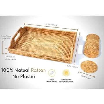 Rattan Tray with Rattan aers - Premium Flat Rectangular Serving Tray with Handles, Wicker Basket Tray 14.5x10.2x2.4 Hand Woven Derative Bed Tray for ffee Table, Breakfa Tray ​by LYS, Honey Brown