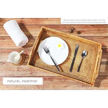 Rattan Tray with Rattan aers - Premium Flat Rectangular Serving Tray with Handles, Wicker Basket Tray 14.5x10.2x2.4 Hand Woven Derative Bed Tray for ffee Table, Breakfa Tray ​by LYS, Honey Brown