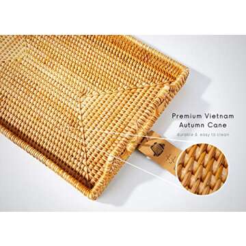Rattan Tray with Rattan aers - Premium Flat Rectangular Serving Tray with Handles, Wicker Basket Tray 14.5x10.2x2.4 Hand Woven Derative Bed Tray for ffee Table, Breakfa Tray ​by LYS, Honey Brown