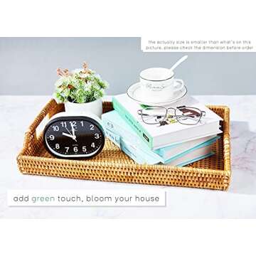 Rattan Tray with Rattan aers - Premium Flat Rectangular Serving Tray with Handles, Wicker Basket Tray 14.5x10.2x2.4 Hand Woven Derative Bed Tray for ffee Table, Breakfa Tray ​by LYS, Honey Brown