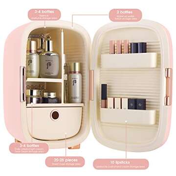 IKER Beauty Mini Fridge, 12 Liter Compact Refrigerator for Skin Care, Makeup and Cosmetic Products, Skincare Fridge for Women & Teen Girls, Portable Makeup Fridge for Bedroom, Office (Pink)