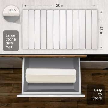 Extral Large Stone Dish Drying Mats for Kitchen Counter, 28"(L)×16"(W) Quick Dry Dish Drying Mat, Collapsible Eco-Friendly Absorbent Diatomaceous Earth Mat for Dishes Cups, Match Any Countertop