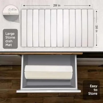 Extral Large Stone Dish Drying Mats for Kitchen Counter, 28"(L)×16"(W) Quick Dry Dish Drying Mat, Collapsible Eco-Friendly Absorbent Diatomaceous Earth Mat for Dishes Cups, Match Any Countertop