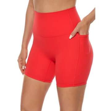 Lavento Women's Biker Shorts with Pockets 6" - No Front Seam Active Yoga Gym Workout Short (Scarlet Red, 4)