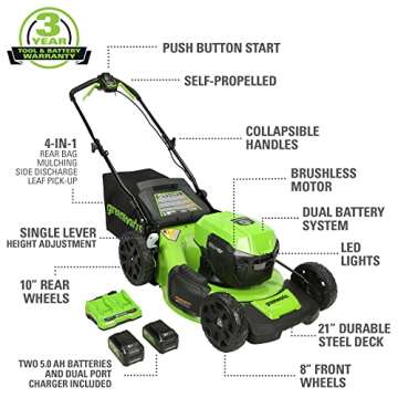 Greenworks 48V (2x24V) 21" Cordless Battery Self-Propelled Mower, 10" String Trimmer & 320 CFM Blower Combo Kit w/ (2) 5.0Ah Batteries, (1) 2.0Ah Battery & Chargers